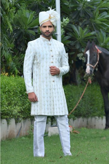 White Silk Fabric Graceful Readymade Men Groom Sherwani For Wedding Wear