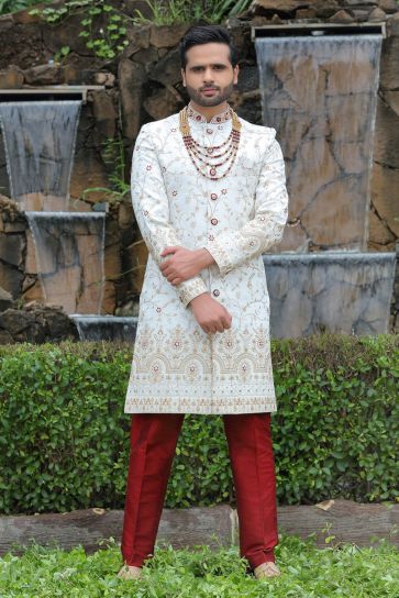 White Magnificent Readymade Men Groom Sherwani For Wedding Wear