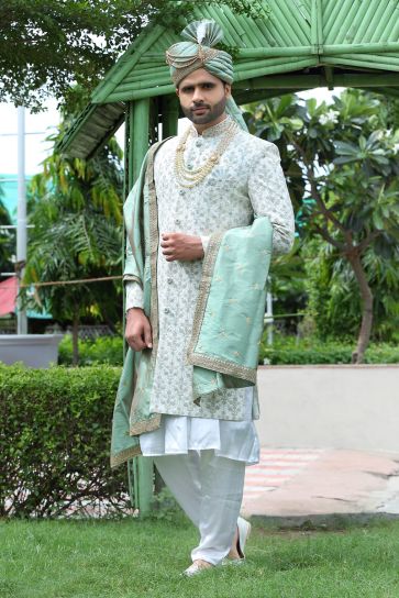 Off White Silk Fabric Wedding Wear Trendy Readymade Groom Sherwani For Men