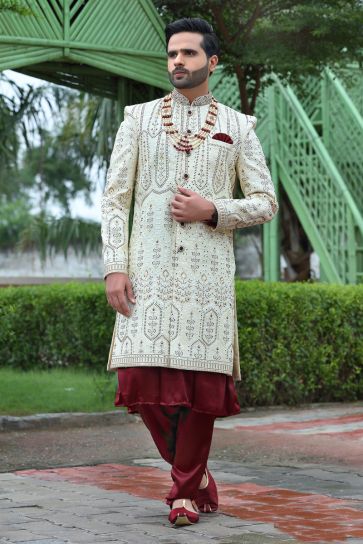Beige Silk Fabric Wedding Wear Readymade Groom Sherwani For Men