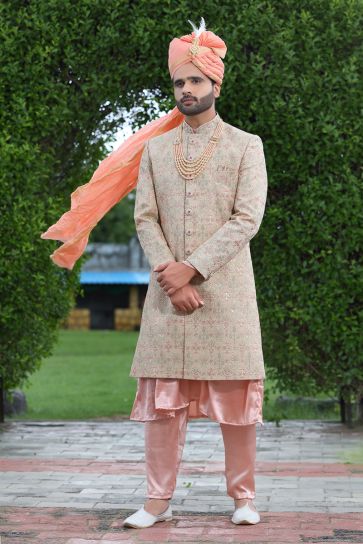 Peach Wedding Wear Readymade Glamorous Groom Sherwani For Men In Silk Fabric