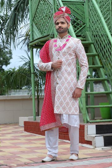 Off White Silk Fabric Readymade Men Groom Sherwani For Wedding Wear