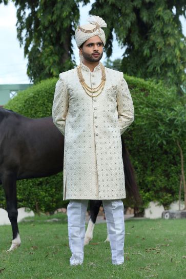Silk Fabric Wedding Wear Readymade Men Groom Sherwani In Off White Color
