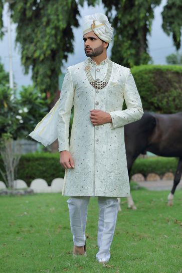 Pretty Silk Fabric Wedding Wear Readymade Men Groom Sherwani In Sea Green Color