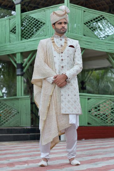 Silk Off White Color Wedding Wear Readymade Men Groom Sherwani