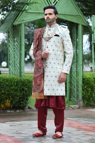 Off White Color Wedding Wear Readymade Designer Men Groom Sherwani