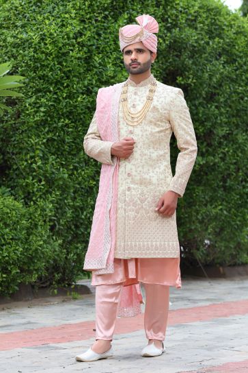 Silk Beige Magnificent Readymade Men Groom Sherwani For Wedding Wear