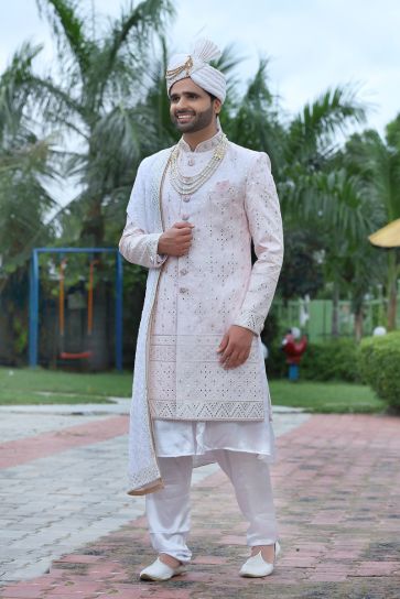 Silk Fabric Pink Color Wedding Wear Designer Readymade Groom Sherwani For Men