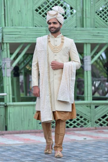 Silk Stunning Off White Color Wedding Wear Readymade Men Groom Sherwani