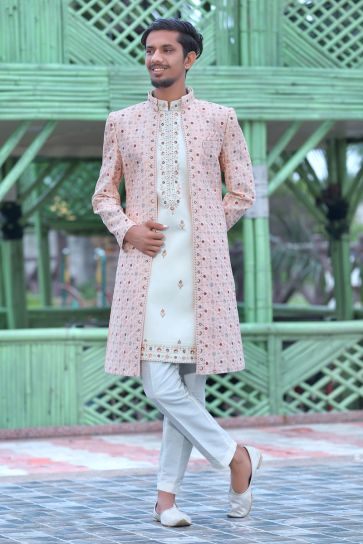 Silk Wedding Wear Attractive Readymade Men Groom Sherwani In Pink Color