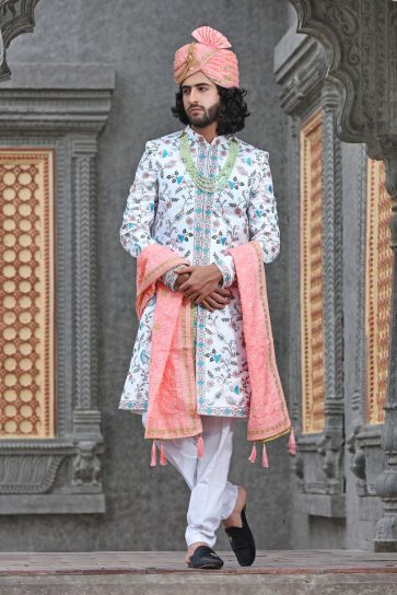 Wedding Wear Readymade Groom Sherwani For Men In Silk White Color