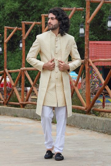 Wedding Wear Attractive Groom Sherwani For Men In Cream Color Silk Fabric