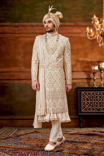 Wedding Wear Attractive Readymade Men Heavy Embroidered Groom Sherwani In Beige Color With Stole