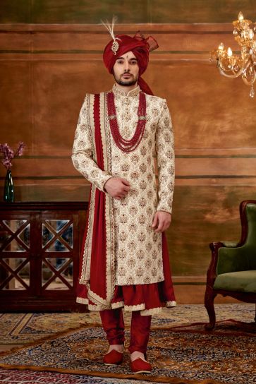 Wedding Wear Attractive Heavy Embroidered Groom Sherwani For Men In Beige Color Silk Fabric With Stole