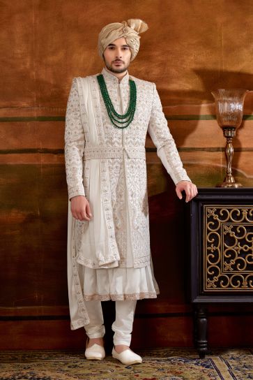 Wedding Wear Silk Fabric Designer Readymade Heavy Embroidered Groom Sherwani For Men In White Color With Stole