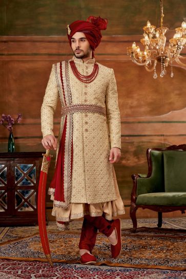Pretty Silk Fabric Wedding Wear Readymade Men Heavy Embroidered Groom Sherwani In Golden Color With Stole