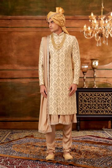 Magnificent Readymade Men Heavy Embroidered Groom Sherwani For Wedding Wear With Stole