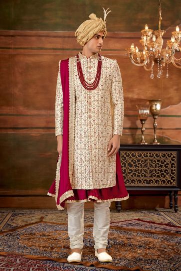 Beautiful Silk Fabric Wedding Wear Heavy Embroidered Groom Sherwani For Men In Beige Color With Stole