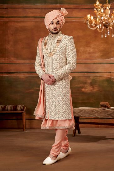 Beautiful Beige Color Wedding Wear Readymade Heavy Embroidered Groom Sherwani For Men In Silk Fabric With Stole