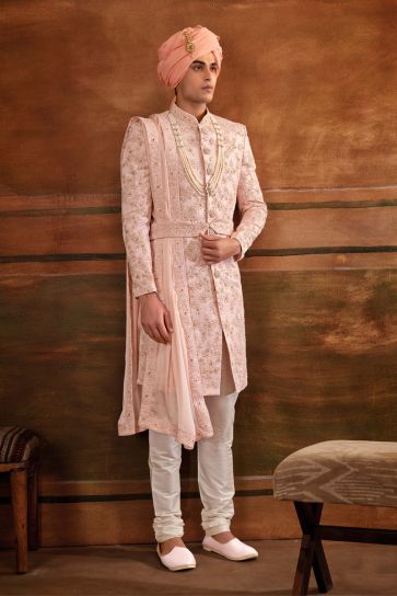 Silk Wedding Wear Attractive Readymade Men Heavy Embroidered Groom Sherwani In Pink Color With Stole