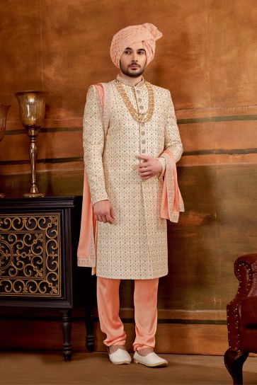 Silk Stunning Cream Color Wedding Wear Readymade Men Heavy Embroidered Groom Sherwani With Stole