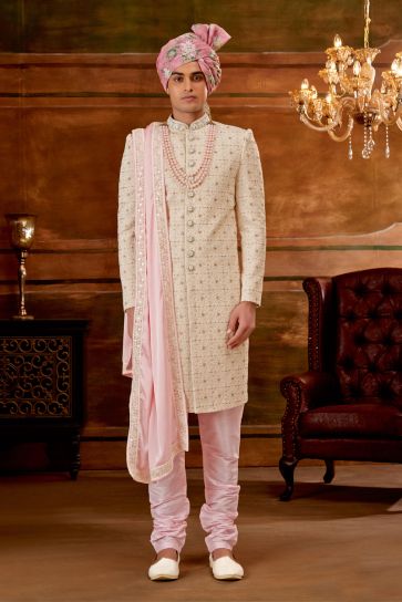 Silk Fabric Designer Wedding Wear Readymade Heavy Embroidered Groom Sherwani For Men In Cream Color With Stole