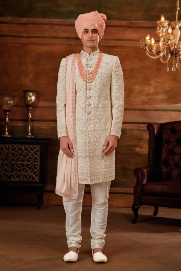 Georgette Fabric Cream Color Wedding Wear Readymade Men Stylish Heavy Embroidered Groom Sherwani With Stole