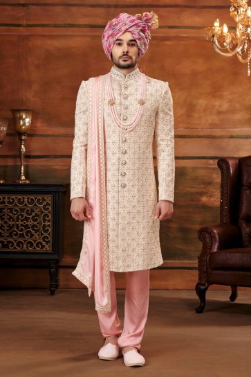 Georgette Fabric Cream Color Wedding Wear Designer Readymade Heavy Embroidered Groom Sherwani For Men With Stole