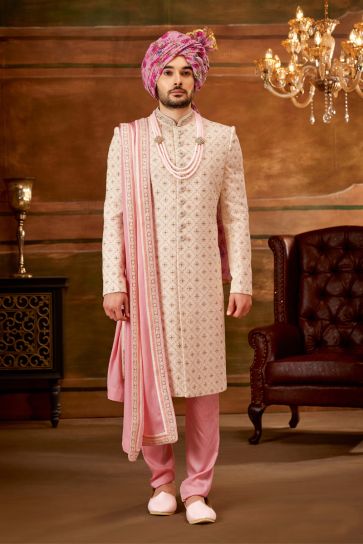 Georgette Peach Magnificent Readymade Men Heavy Embroidered Groom Sherwani For Wedding Wear With Stole