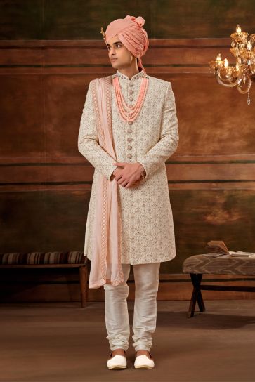 Georgette Cream Color Wedding Wear Readymade Designer Men Heavy Embroidered Groom Sherwani With Stole
