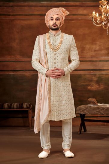 Cream Color Wedding Wear Readymade Designer Men Heavy Embroidered Groom Sherwani With Stole