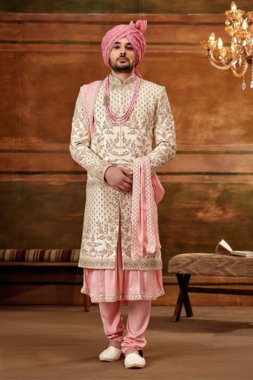 Silk Cream Artistic Magnificent Readymade Men Heavy Embroidered Groom Sherwani For Wedding Wear With Stole