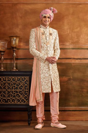 Cream Gorgeous Silk Fabric Wedding Wear Readymade Heavy Embroidered Groom Sherwani For Men With Stole