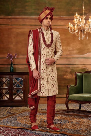 Beige Color Wedding Wear Readymade Silk Fabric Heavy Embroidered Groom Sherwani For Men With Stole