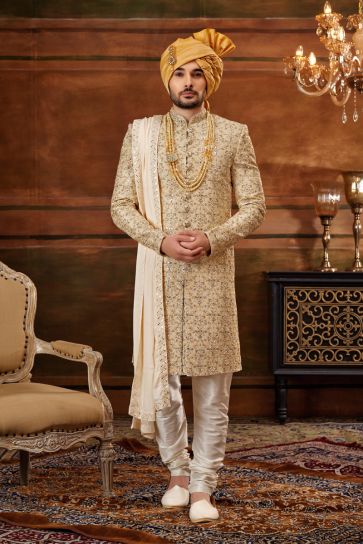 Beige Color Wedding Wear Pretty Heavy Embroidered Groom Sherwani For Men In Silk Fabric With Stole