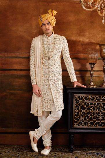 Cream Color Wedding Wear Silk Fabric Designer Readymade Heavy Embroidered Groom Sherwani For Men With Stole