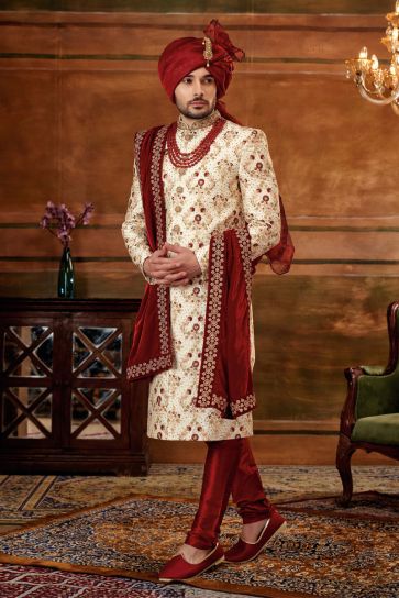 Cream Color Silk Fabric Designer Readymade Heavy Embroidered Groom Sherwani For Men With Stole