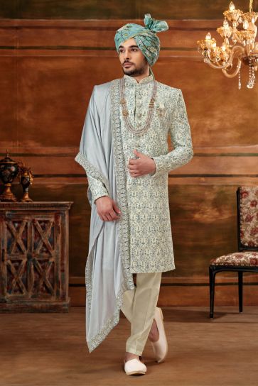 Off White Color Gorgeous Silk Wedding Wear Heavy Embroidered Groom Sherwani For Men With Stole