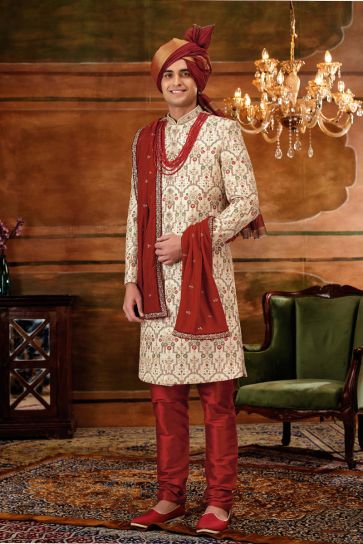 Cream Color Silk Fabric Wedding Wear Designer Readymade Heavy Embroidered Groom Sherwani For Men With Stole