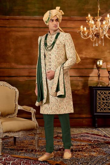 Beige Silk Fabric Wedding Wear Trendy Readymade Heavy Embroidered Groom Sherwani For Men With Stole