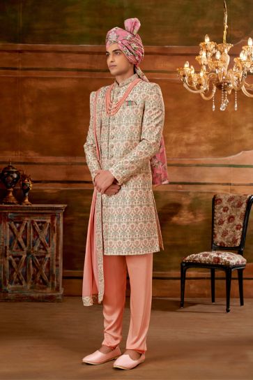Peach Silk Fabric Wedding Wear Trendy Readymade Heavy Embroidered Groom Sherwani For Men With Stole