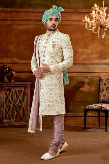 Beige Silk Fabric Graceful Readymade Men Heavy Embroidered Groom Sherwani For Wedding Wear With Stole