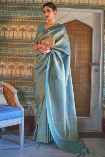 Art Silk Fabric Light Cyan Color Function Wear Incredible Saree