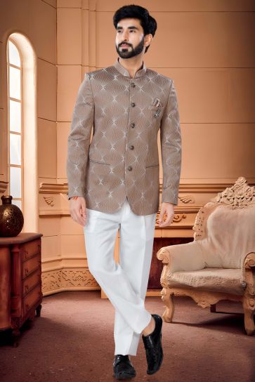 Stunning Brown Color Readymade Jodhpuri Suit In Jacquard Fabric