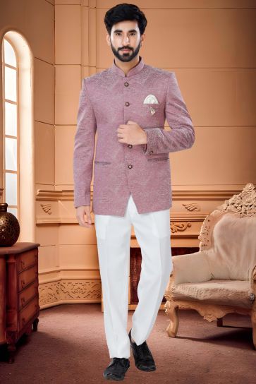 Striking Pink Color Jacquard Fabric Readymade Jodhpuri Suit