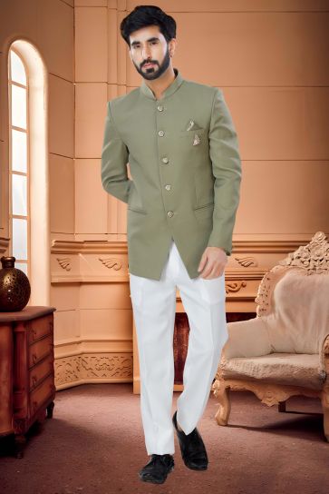 Fantastic Green Color Rayon Fabric Jodhpuri Suit