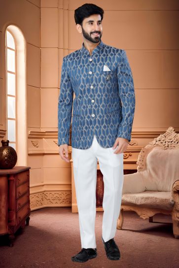 Dusky Blue Color Jacquard Fabric Readymade Jodhpuri Suit