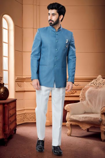 Blissful Cyan Color Rayon Fabric Jodhpuri Suit