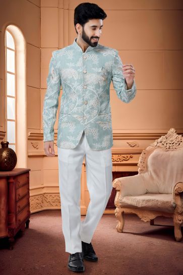 Attractive Blue Color Readymade Jodhpuri Suit In Cotton Fabric