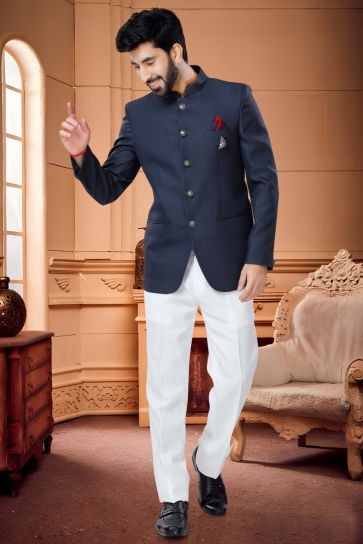 Splendiferous Navy Blue Color Rayon Fabric Jodhpuri Suit